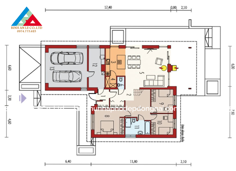 Mẫu biệt thự 1 tầng 3 phòng ngủ hiện đại