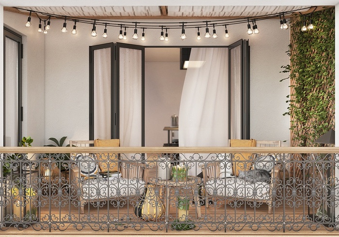 Một góc ban công với lan can được thiết kế theo phong cách cổ điển hoài niệm 