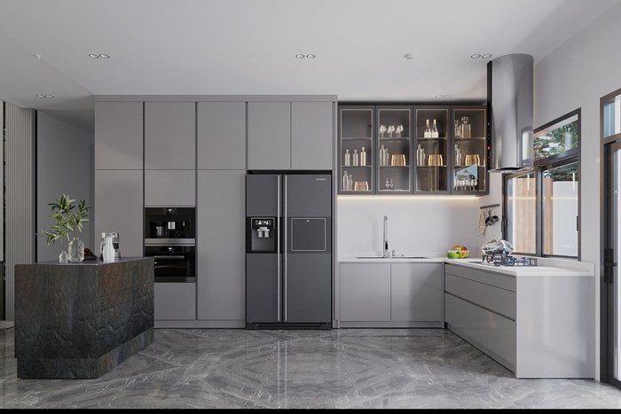 Không gian phòng bếp biệt thự thanh lịch, sang trọng với sắc màu trung tính chủ đạo