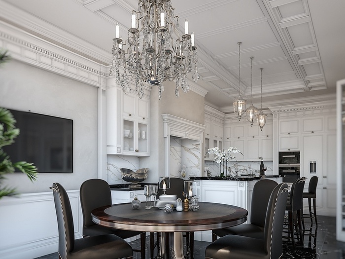 Mẫu bếp biệt thự đẹp tân cổ điển sang trọng, tinh tế với sự kết hợp giữa tone trắng - đen