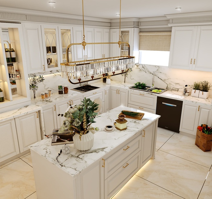 Chi tiết mạ vàng giúp không gian phòng bếp biệt thự tân cổ điển thêm sang trọng và ấn tượng