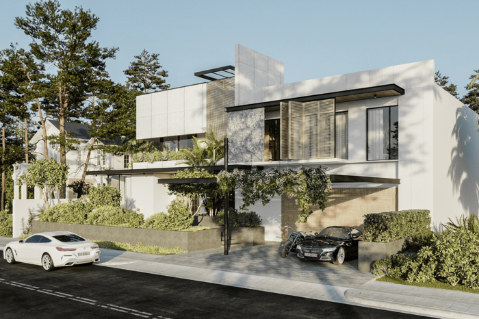 Biệt thự 2 tầng với hệ lam che nắng kết hợp cùng với những mảng xanh tự nhiên 