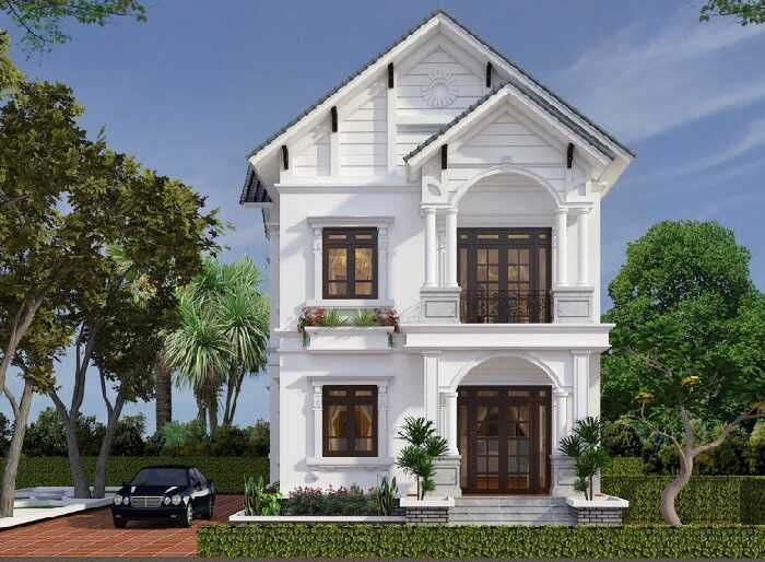 Mẫu biệt thự 2 tầng 4 phòng ngủ sử dụng tông trắng chủ đạo 