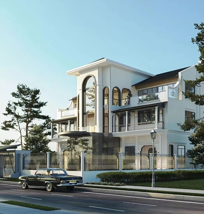 Mẫu biệt thự Indochine nổi bật thiết kế đối xứng và kiến trúc hình vòm, tạo nên sự uyển chuyển của không gian