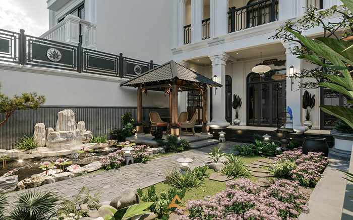 Mẫu biệt thự Indochine với lối thiết kế sân vườn đậm chất truyền thống