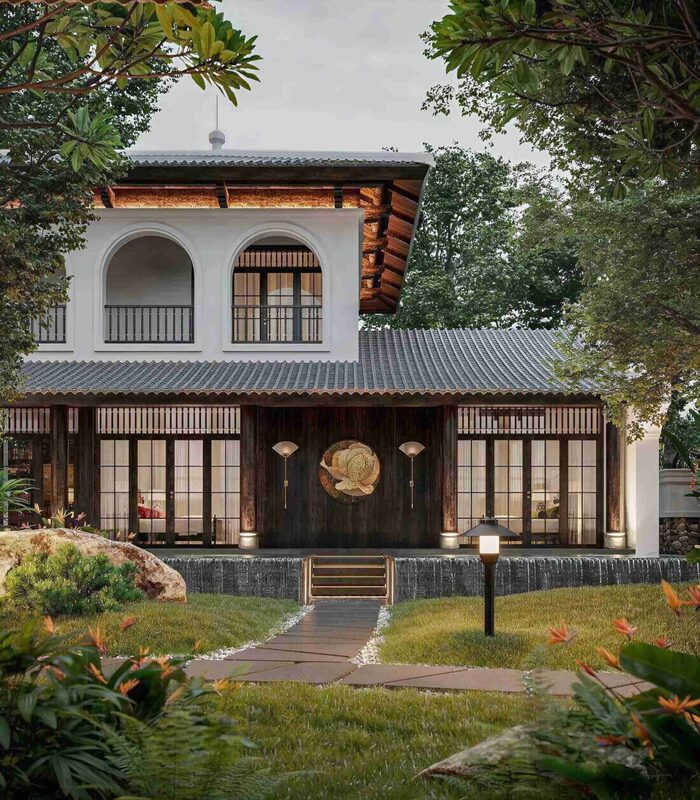Biệt thự Indochine mang nét đẹp truyền thống với hệ thống thảm cỏ sân mướt dẫn lối vào nhà