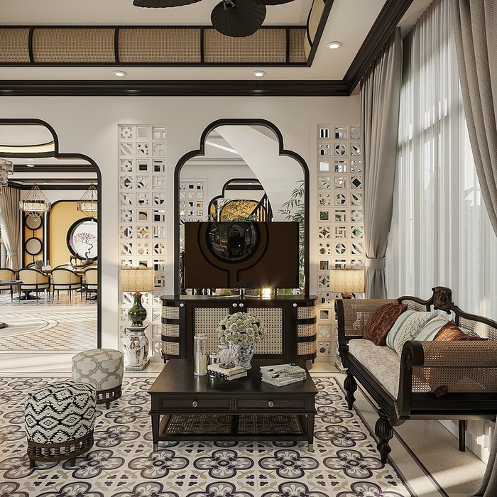 Gạch bông, gạch thông gió kết hợp chất liệu gỗ, mây, tre góp phần làm không gian thêm trọn vẹn