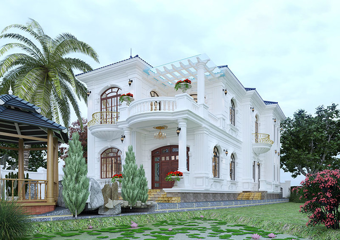 Mẫu biệt thự bán cổ điển 2 tầng mái Nhật kết hợp với sân vườn 
