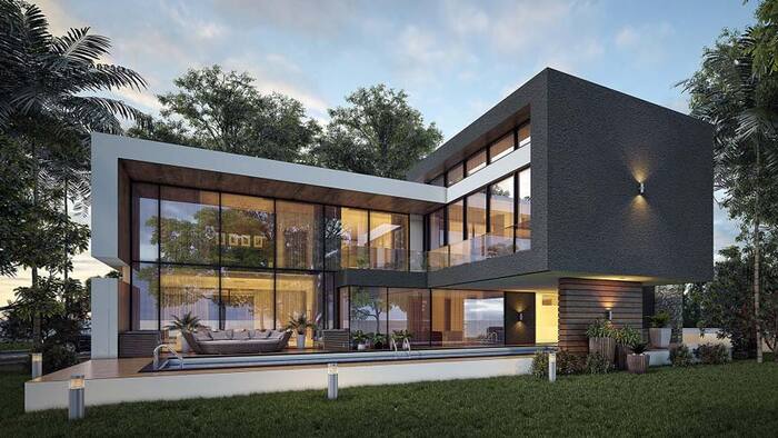 10+ mẫu biệt thự chữ L độc đáo, sang trọng 2026 2 Biệt thự chữ L kết hợp cùng với chất liệu kính tạo nên không gian hiện đại