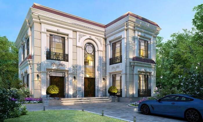 10+ mẫu biệt thự chữ L độc đáo, sang trọng 2026 4 Mẫu biệt thự chữ L tân cổ điển có khoảng sân vườn rộng rãi