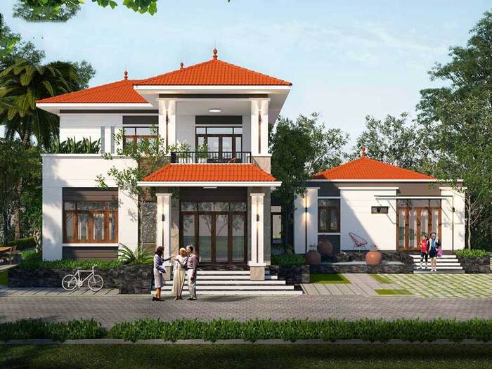 10+ mẫu biệt thự chữ L độc đáo, sang trọng 2026 5 Biệt thự chữ L mái thái thiết kế với khoảng sân vườn rộng rãi, thoải mái