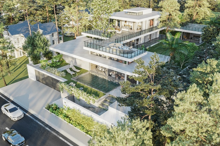 Hồ bơi được bố trí ở khoảng sân trước của biệt thự 