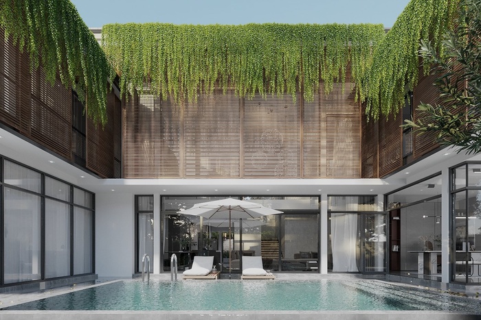 Mẫu biệt thự có bể bơi ở bên hông nhà tăng tính riêng tư  