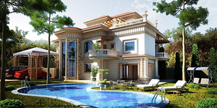 Mẫu biệt thự có bể bơi theo phong cách tân cổ điển được thiết kế đường cong uốn lượn 