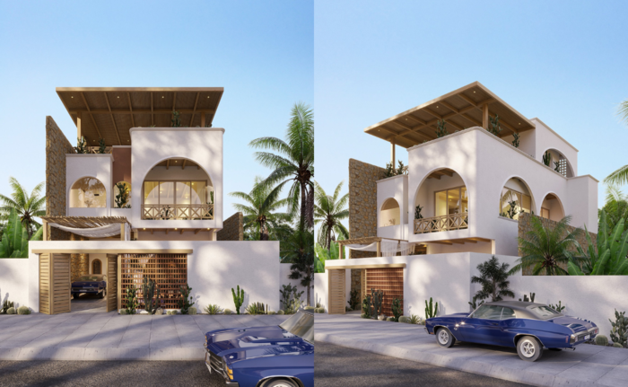 TOP 10+ mẫu biệt thự Địa Trung Hải đẹp đến nao lòng 3 Mẫu biệt thự Địa Trung Hải nhà phố hiện đại mặt tiền thoáng rộng, sử dụng cửa kính lớn để đón ánh sáng tự nhiên