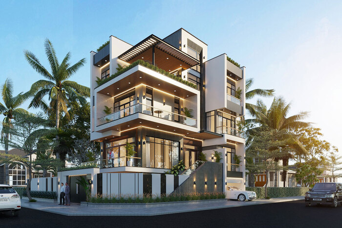 Mẫu biệt thự lô góc thiết kế hiện đại kết hợp với quang cảnh cây xanh 