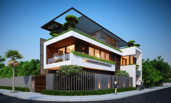 Biệt thự lô góc hiện đại được thiết kế phối cảnh cây xanh 