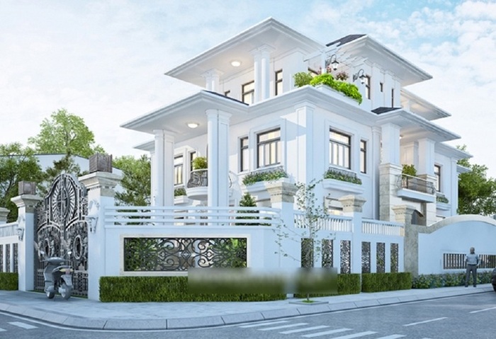 Biệt thự lô góc được sử dụng tone trắng chủ đạo