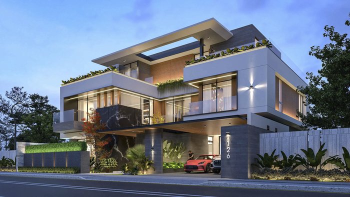 Mẫu biệt thự lô góc lên đèn buổi tối lung linh 