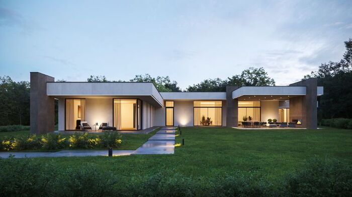 Mẫu biệt thự mái bằng có sân vườn thoáng đãng được kết hợp với chất liệu kính 