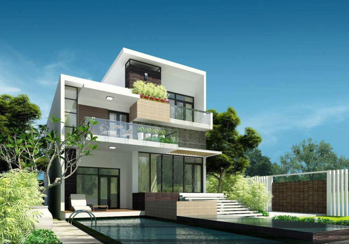 Biệt thự mái bằng có hồ bơi sử dụng tone màu trắng tinh tế