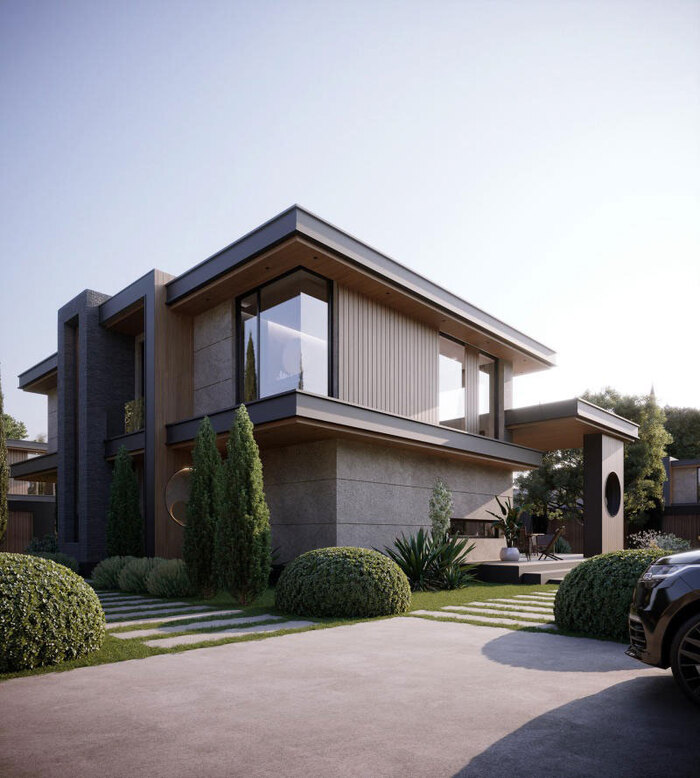 Biệt thự mái bằng 2 tầng được thiết kế tối giản nhưng vẫn nổi bật với tone màu nâu 