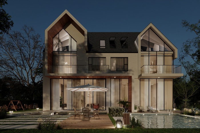Ngắm nhìn mẫu biệt thự nghỉ dưỡng đẹp, sang trọng 2026 2 Biệt thự có hệ thống ánh sáng phù hợp giúp kiến trúc và ngoại cảnh sân vườn nổi bật khi về đêm