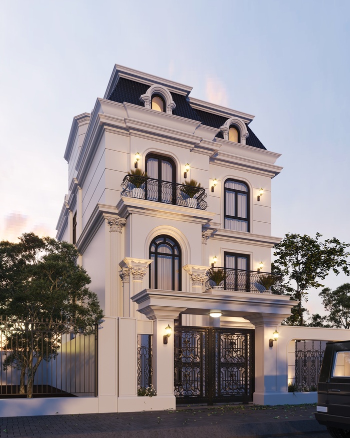Mẫu biệt thự phong cách Châu Âu sử dụng tone trắng làm chủ đạo 