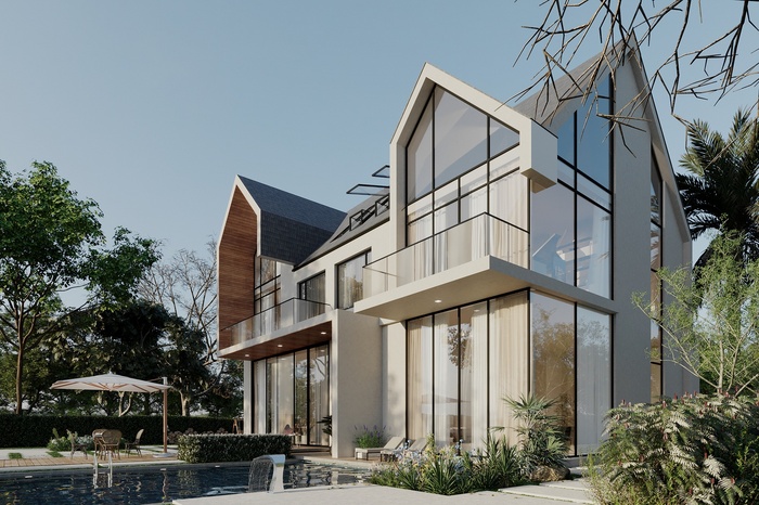 TOP 5+ mẫu biệt thự song lập 3 tầng hiện đại được ưa chuộng 2 Ở phía trước nhà là khu vực hồ bơi, sân vườn đầy đủ tiện nghi