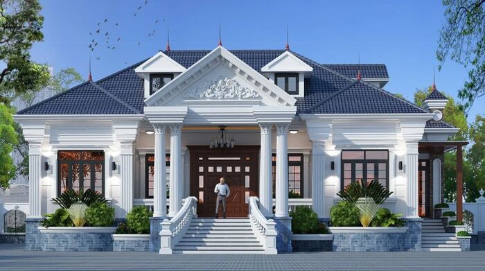 Mẫu biệt thự sử dụng tone màu tối giản nhưng vẫn tạo được điểm nhấn 