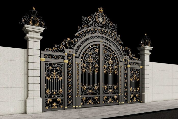 Khám phá mẫu cổng biệt thự đẹp hiện đại và cuốn hút 2026 3 Cổng biệt thự mang vẻ đẹp đậm chất hoàng gia, nổi bật với các họa tiết được thiết kế đối xứng, tạo cảm giác hài hòa