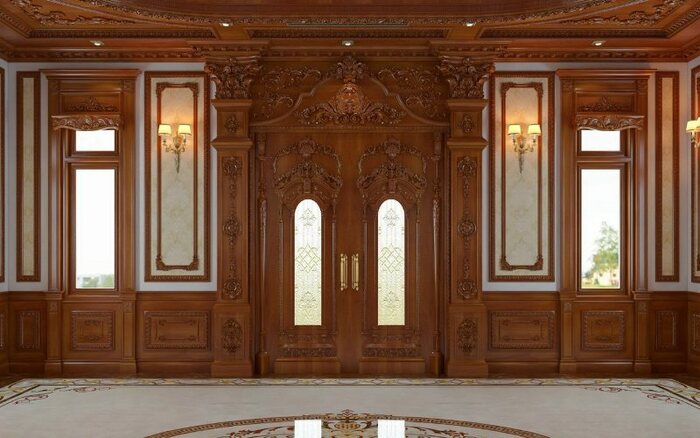 Cửa gỗ thiết kế theo phong cách tân cổ điển giúp không gian thêm sang trọng 