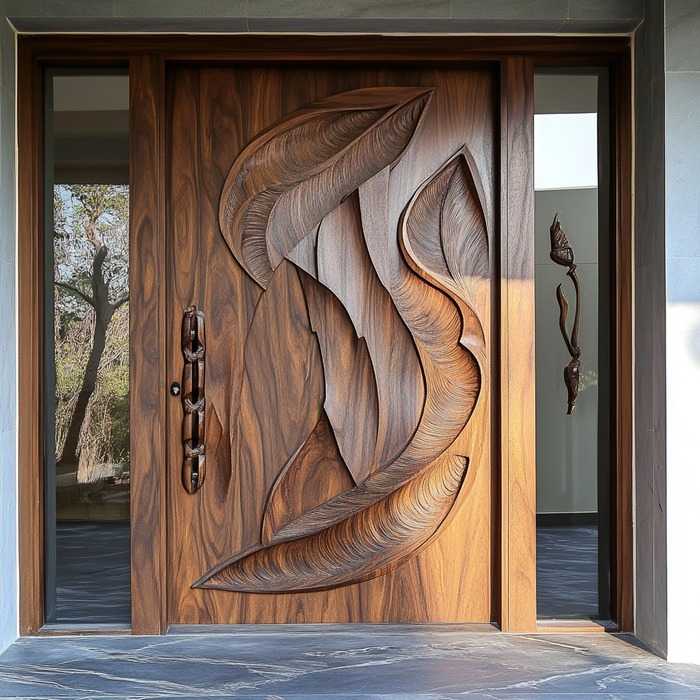 Mẫu cửa gỗ biệt thự hiện đại với các đường nét hoa văn trên cửa làm điểm nhấn