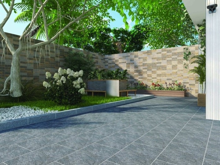Gạch vân xi măng xám đậm phù hợp với nhiều phong cách thiết kế sân vườn