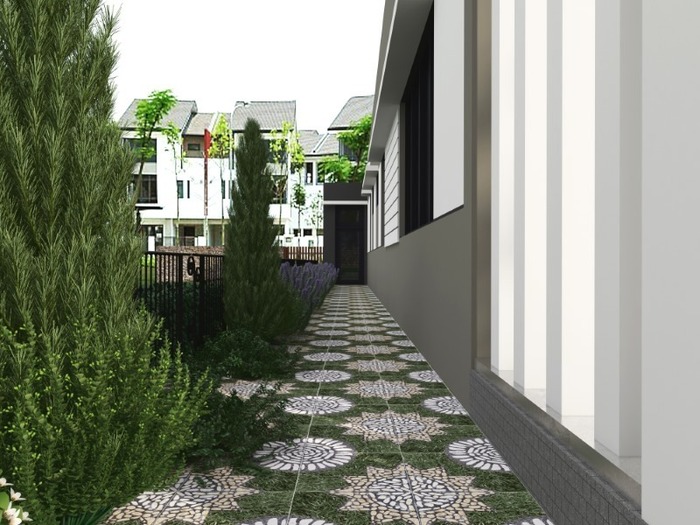 Gạch giả cỏ đan xen họa tiết sỏi đá, giúp không gian thêm sống động