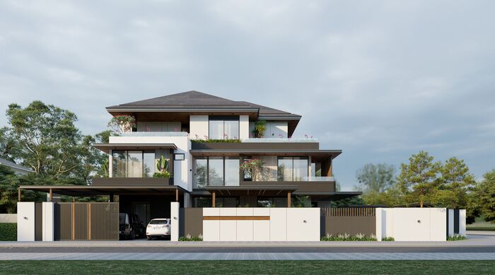 Tường bao biệt thự đẹp được sử dụng tone màu trắng nâu kết hợp hài hòa 