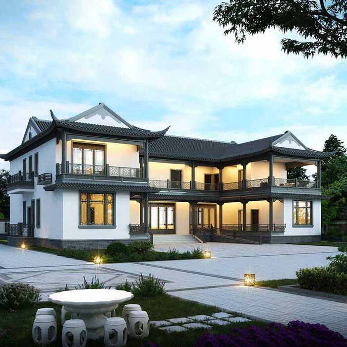 Mẫu biệt thự Trung Quốc truyền thống kết hợp với mái cong 