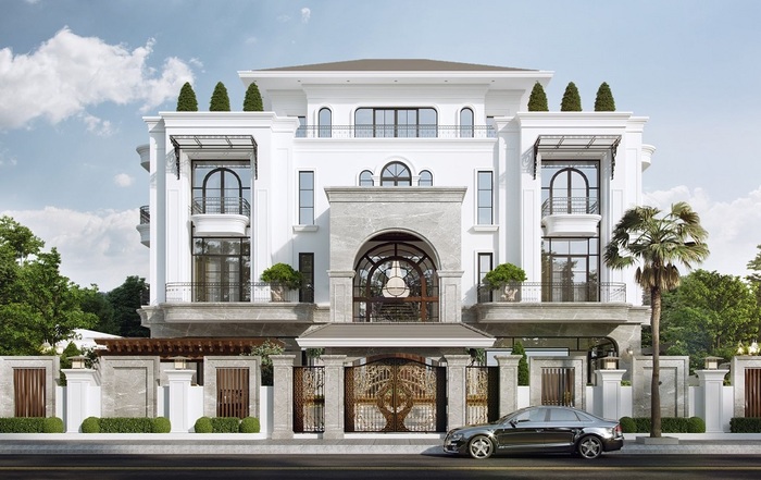 Biệt thự hoàng gia kiến trúc Pháp sử dụng tone trắng chủ đạo