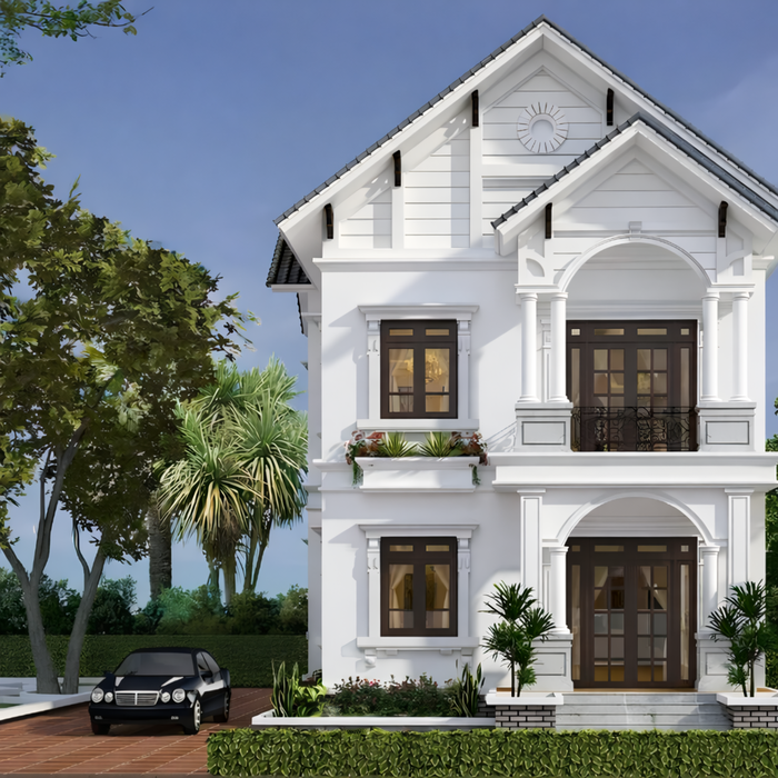 Biệt thự 2 tầng sơn trắng kết hợp khuôn viên sân vườn có cảnh quan xanh mát, chỉn chu