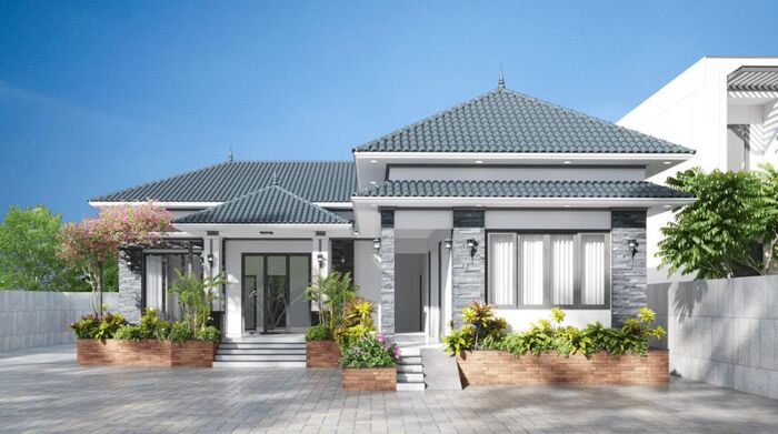 Biệt thự vườn 1 tầng 4 phòng ngủ chữ L hiện đại